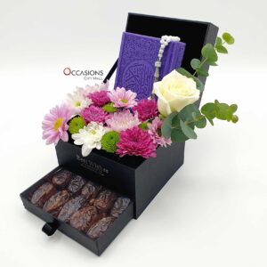 Purple Quran with dates drawer and flower arrangement delivery in Amman Jordan