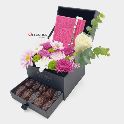 Fuchsia Quran with dates drawer and flower arrangement delivery in Amman Jordan
