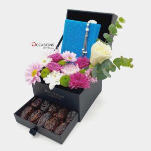 Blue Quran flower & dates arrangement