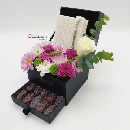 White Quran with dates drawer and flower arrangement delivery in Amman Jordan