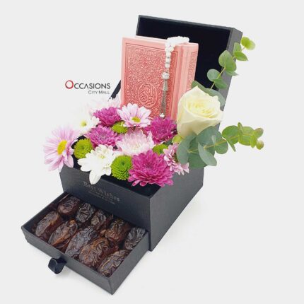 Pink-Quran-Dates-Flowers-arrangement-delivery-Amman-Jordan