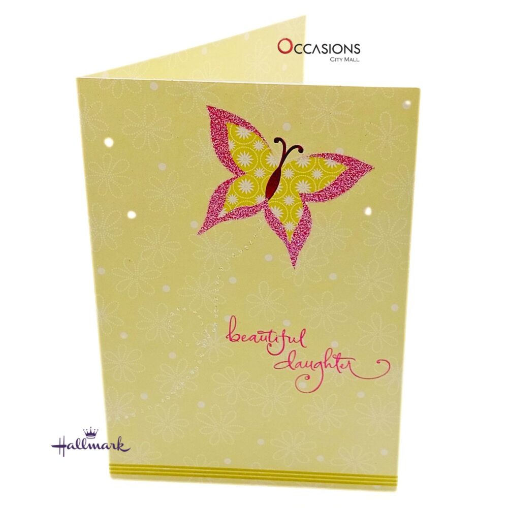"Beautiful Daughter" Birthday Greeting Card Butterfly Design Hallmark Daughter's Birthday Greeting Card Same Day Greeting Cards Delivery in Amman Show your daughter how proud you are with this elegant Hallmark birthday card, featuring a glittery butterfly and heartfelt words. Perfect for expressing love on her special day. Order online from the best gift shop in Amman. We offer greeting cards delivery with same day delivery anywhere in Jordan.