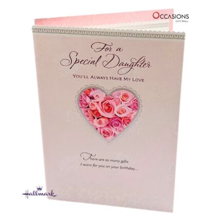 "Special Daughter" Birthday Greeting Card Beautiful Hallmark Birthday Greeting Card Designed With A Heart Of Roses Order Online with Same Day Delivery in Amman Let your daughter feel the love with this beautiful Hallmark card, designed with a heart of roses and meaningful words. A touching way to say “Happy Birthday” with emotion and elegance. Order online today from the best gift shop in Amman and enjoy greeting cards delivery with same day delivery across Jordan.