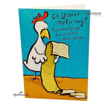 Funny Chicken Retirement Greeting Card Comic Hallmark Retirement Greeting Card Order Online with Same Day Delivery in Amman Make them laugh out loud with this comical Hallmark retirement greeting card! Featuring a cartoon chicken, a “strict” new schedule, and plenty of humor, it’s a perfect send-off. Order greeting cards online in Amman Jordan from the best gift shop in Amman. We offer greeting cards delivery and same day delivery—order online now!
