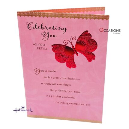 Pink Butterfly Retirement Greeting Card Heartfelt Tribute To A Job Well Done Hallmark Retirement Greeting Card Order Online with Same Day Delivery in Amman This elegant Hallmark retirement greeting card features a red embossed butterfly and warm words that honor hard work, pride, and new adventures ahead. A perfect keepsake for someone who made a lasting impact. Order greeting cards online in Amman Jordan from the best gift shop in Amman. We offer greeting cards delivery with same day delivery when you order online today!