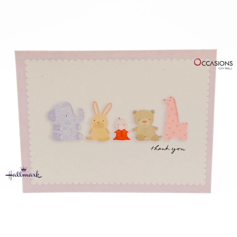 Baby Animals Thank You Greeting Card Card Size: 12.8 x 9.8 cm Adorable Animal Themed Hallmark Thank You Greeting Card Order Online with Same Day Delivery in Amman Say thank you in the sweetest way with this Hallmark card featuring adorable animal illustrations. Perfect for baby showers, gifts for new moms, or any kind gesture. Order greeting cards online in Amman Jordan from the best gift shop in Amman with same day delivery. Enjoy easy ordering, greeting cards delivery, and top-quality Hallmark greeting cards from our Amman gift shop.