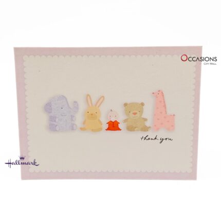 Baby Animals Thank You Greeting Card Card Size: 12.8 x 9.8 cm Adorable Animal Themed Hallmark Thank You Greeting Card Order Online with Same Day Delivery in Amman Say thank you in the sweetest way with this Hallmark card featuring adorable animal illustrations. Perfect for baby showers, gifts for new moms, or any kind gesture. Order greeting cards online in Amman Jordan from the best gift shop in Amman with same day delivery. Enjoy easy ordering, greeting cards delivery, and top-quality Hallmark greeting cards from our Amman gift shop.