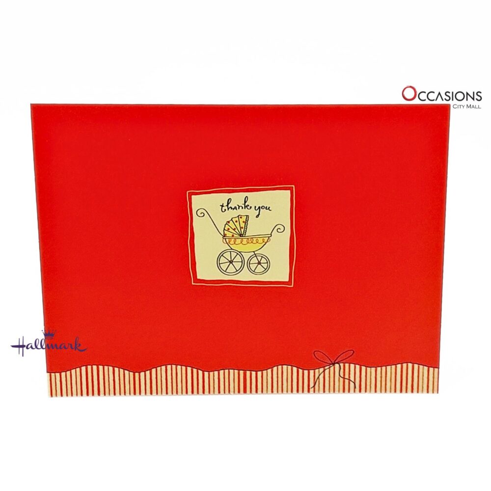 Baby Themed Thank You Greeting Card Card Size: 12.8 x 9.8 cm Bright Red With Baby Carriage Themed Hallmark Thank You Greeting Card Order Online with Same Day Delivery in Amman This vibrant Hallmark thank you card features a charming baby carriage design, ideal for expressing appreciation after a baby shower or gift. Its bold red color adds a cheerful touch to your message. Order greeting cards online in Amman Jordan with same day delivery from the best gift shop in Amman. Enjoy fast greeting cards delivery and premium Hallmark greeting cards at your fingertips.