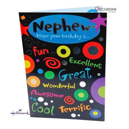 Fun & Colorful Nephew's Birthday Greeting Card Card Size: 20.4 x 14.1 cm Best Hallmark Nephew's Birthday Greeting Card Order Online with Same Day Delivery in Amman Celebrate your cool nephew with this fun and colorful Hallmark birthday card! Filled with exciting words like awesome, terrific, and cool—just like him! It’s perfect for sharing love and joy. Order online now from the best gift shop in Amman. We offer greeting cards delivery and same day delivery. Order greeting cards online in Amman Jordan and make his day unforgettable.