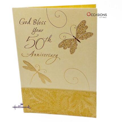 God Bless Your 50th Anniversary Card Card Size: 20.4 x 14 cm Hallmark Golden Anniversary Greeting Card with Faith & Love Greeting Cards Same Day Delivery in Amman Jordan Honor a faithful love story with this elegant Hallmark 50th Anniversary card. With butterflies, gold accents, and heartfelt words about God's blessings, it's perfect for celebrating a couple guided by love and grace. Order online from the best gift shop in Amman. We offer greeting cards delivery and same day delivery in Amman, Jordan. Order greeting cards online in Amman Jordan and share a golden anniversary blessing from the heart!
