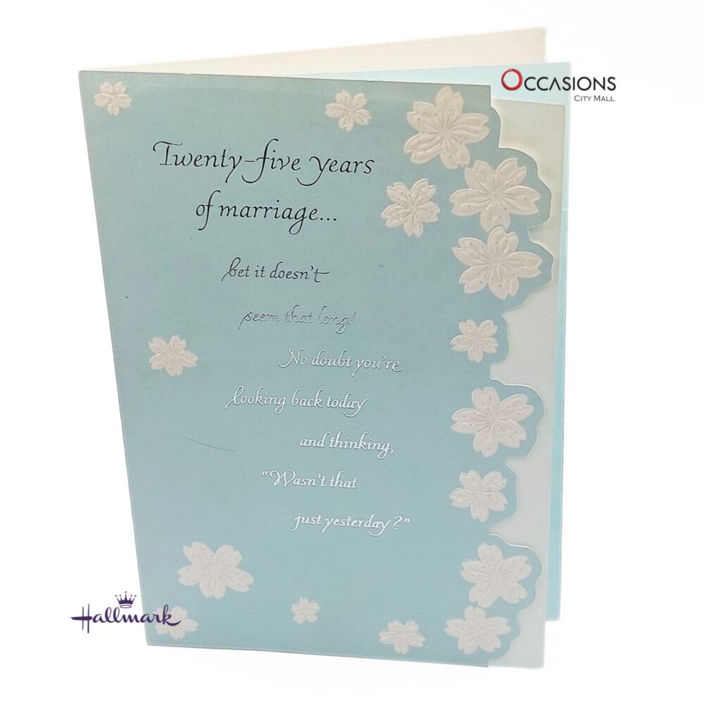 25th Wedding Anniversary Greeting Card Card Size: 20.4 x 14.2 cm Elegant Hallmark Greeting Card for a Silver Anniversary Greeting Cards Same Day Delivery in Amman Jordan This beautiful Hallmark anniversary greeting card is perfect for a 25th wedding celebration. With heartfelt words and a soft floral design, it's a meaningful way to honor years of love. Order online from the best gift shop in Amman. We offer greeting cards delivery and same day delivery across Amman, Jordan.