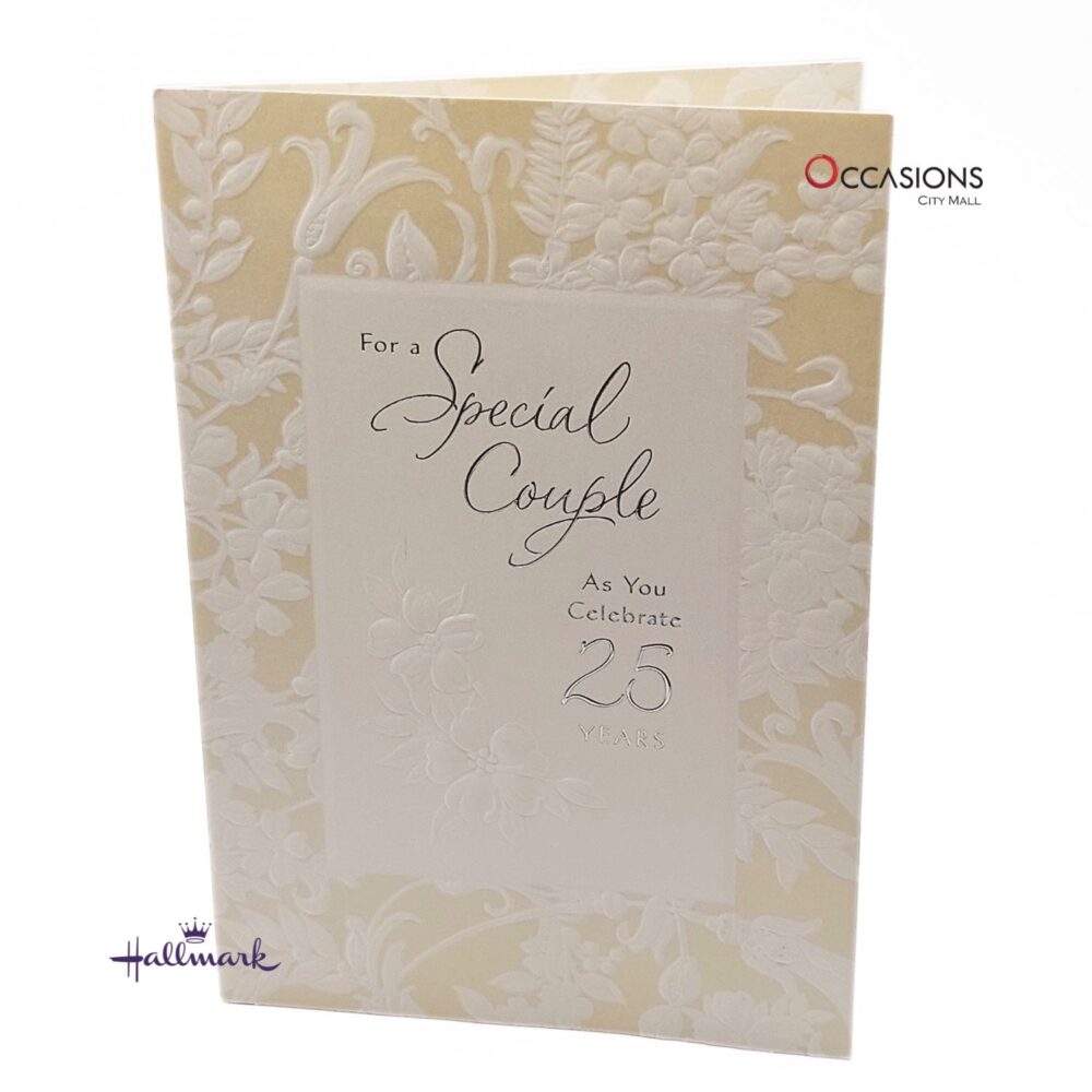 25th Anniversary Card For Special Couple Card Size: 20.5 x 14.1 cm Elegant Silver Anniversary Hallmark Greeting Card Greeting Cards Same Day Delivery in Amman Jordan This classic Hallmark card is perfect for a special couple celebrating their 25th wedding anniversary. With embossed floral details and heartfelt words, it's the ideal way to honor a love that stood the test of time. Order online today from the best gift shop in Amman. We offer greeting cards delivery and same day delivery across Amman, Jordan.