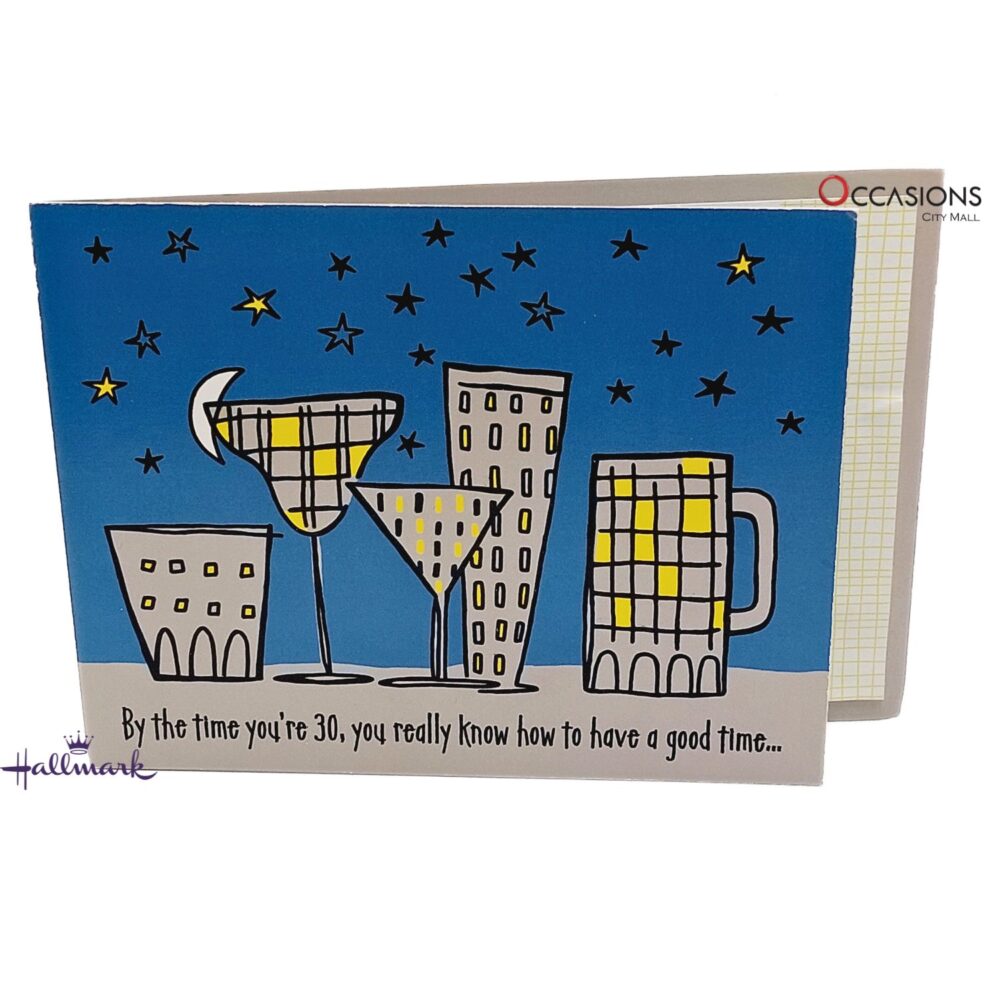 Bold and Fun 30th Birthday Greeting Card Card Size: 20.4 x 14.2 cm Funky Cityscape Hallmark Age Birthday Greeting Card – 30th Birthday Order greeting cards online in Amman Jordan This Hallmark 30th birthday card brings the party to life with a funky cityscape made of drinks and stars! A fun message inside makes it perfect for someone who knows how to celebrate. Order greeting cards online from the best gift shop in Amman and enjoy same day delivery and greeting cards delivery across Jordan. 