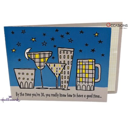 Bold and Fun 30th Birthday Greeting Card Card Size: 20.4 x 14.2 cm Funky Cityscape Hallmark Age Birthday Greeting Card – 30th Birthday Order greeting cards online in Amman Jordan This Hallmark 30th birthday card brings the party to life with a funky cityscape made of drinks and stars! A fun message inside makes it perfect for someone who knows how to celebrate. Order greeting cards online from the best gift shop in Amman and enjoy same day delivery and greeting cards delivery across Jordan. 