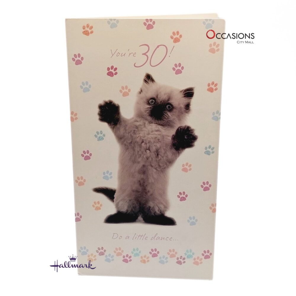 Funny 30th Birthday Greeting Card Hallmark Age Birthday Greeting Card – 30th Birthday Order greeting cards online in Amman Jordan Celebrate turning 30 with laughter and a cute dancing cat! This Hallmark greeting card is full of playful charm and fun wishes to brighten their big day. Perfect for animal lovers and those young at heart. Order online now with same day delivery from the best gift shop in Amman. We offer fast greeting cards delivery across Jordan.