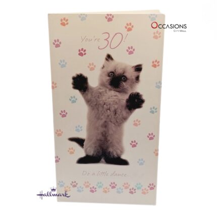 Funny 30th Birthday Greeting Card Hallmark Age Birthday Greeting Card – 30th Birthday Order greeting cards online in Amman Jordan Celebrate turning 30 with laughter and a cute dancing cat! This Hallmark greeting card is full of playful charm and fun wishes to brighten their big day. Perfect for animal lovers and those young at heart. Order online now with same day delivery from the best gift shop in Amman. We offer fast greeting cards delivery across Jordan.