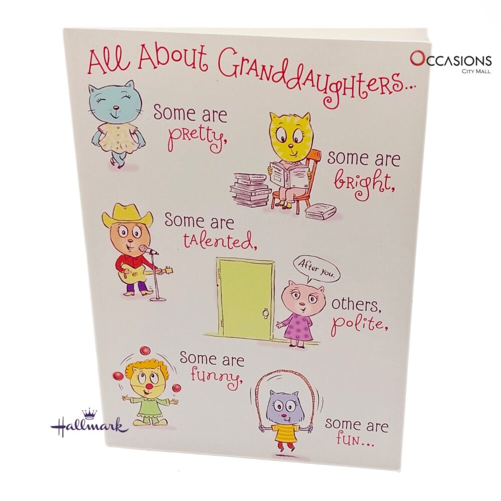Playful & Funky Granddaughter Birthday Card Card Size: 20.4 x 14.1 cm Colorful Cartoon Hallmark Granddaughter Birthday Greeting Card Order greeting cards online in Amman Jordan This playful Hallmark card celebrates everything that makes your granddaughter so special—smart, talented, kind, and fun! With colorful cartoon designs and a sweet message, it’s a perfect birthday pick. Order greeting cards online in Amman Jordan with same day delivery from the best gift shop in Amman. Enjoy greeting cards delivery made easy with Hallmark greeting cards.