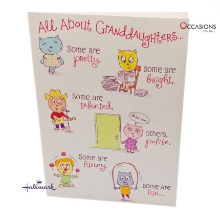 Playful & Funky Granddaughter Birthday Card Card Size: 20.4 x 14.1 cm Colorful Cartoon Hallmark Granddaughter Birthday Greeting Card Order greeting cards online in Amman Jordan This playful Hallmark card celebrates everything that makes your granddaughter so special—smart, talented, kind, and fun! With colorful cartoon designs and a sweet message, it’s a perfect birthday pick. Order greeting cards online in Amman Jordan with same day delivery from the best gift shop in Amman. Enjoy greeting cards delivery made easy with Hallmark greeting cards.