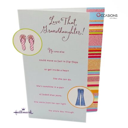 Fashion-Inspired Granddaughter Birthday Card Card Size: 20.3 x 12.5 cm Fashion-Inspired Hallmark Granddaughter Birthday Greeting Card Order greeting cards online in Amman Jordan This stylish Hallmark card celebrates your granddaughter’s unique sparkle with fun fashion icons and sweet words of pride and love. A perfect way to honor how fast she’s grown and how deeply she’s loved. Order greeting cards online in Amman Jordan from the best gift shop in Amman. Same day delivery and fast greeting cards delivery available with Hallmark greeting cards.