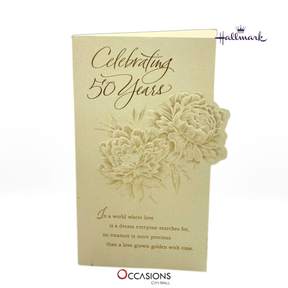 Elegant 50th Anniversary Greeting Card Card Size: 20.4 x 14.1 cm Golden Hallmark 50th Wedding Anniversary Greeting Card Greeting Cards Same Day Delivery in Amman Jordan This stunning Hallmark greeting card is perfect for celebrating 50 beautiful years of love and dreams fulfilled. With embossed flowers and touching words inside, it’s a heartfelt tribute to a lifetime of golden memories. Order online from the best gift shop in Amman. We provide greeting cards delivery and same day delivery across Amman, Jordan. Order greeting cards online in Amman Jordan and honor their 50-year love story with elegance!