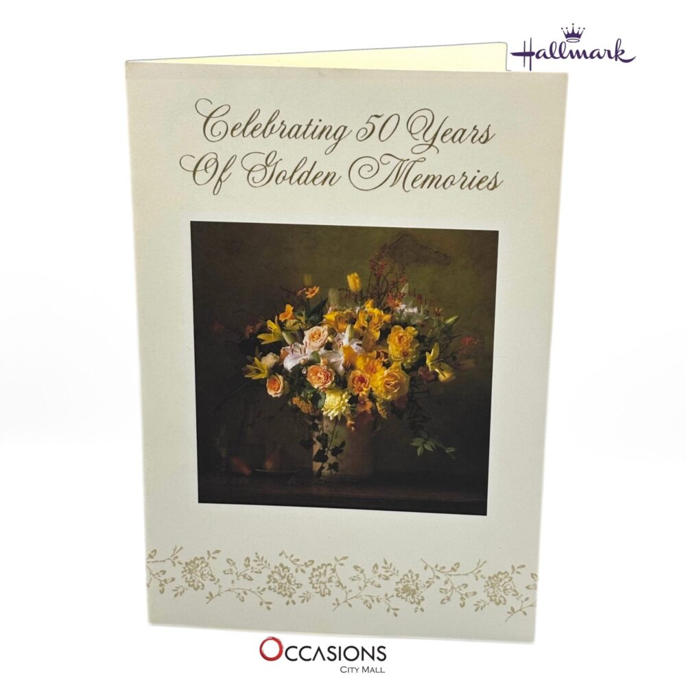Celebrate 50 Years Anniversary Greeting Card Card Size: 20.4 x 14 cm Hallmark Golden Anniversary Card with Floral Art Greeting Cards Same Day Delivery in Amman Jordan Celebrate 50 beautiful years of love and memories with this elegant Hallmark card. Featuring classic floral artwork and warm, heartfelt wishes inside, it’s perfect for honoring a golden anniversary. Order online from the best gift shop in Amman. We provide greeting cards delivery and same day delivery anywhere in Amman, Jordan. Order greeting cards online in Amman Jordan and mark their golden anniversary with love!