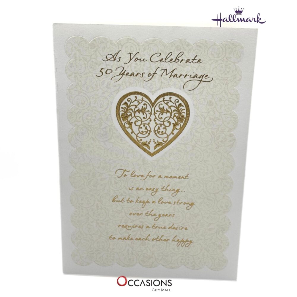 50 Years Of Marriage Anniversary Card Size Card: 20.4 x 14.1 cm  Elegant Hallmark Golden Anniversary Greeting Card Greeting Cards Same Day Delivery in Amman Jordan This beautifully designed Hallmark card honors 50 years of marriage with golden heart artwork and touching words. It’s the perfect way to celebrate a rare and lasting love. Thoughtfully written and beautifully finished, it's ideal for any golden anniversary. Order online from the best gift shop in Amman. We offer greeting cards delivery and same day delivery in Amman, Jordan. Order greeting cards online in Amman Jordan and make their 50th anniversary unforgettable!