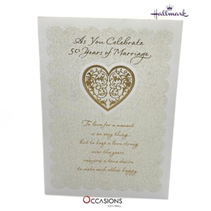 50 Years Of Marriage Anniversary Card Size Card: 20.4 x 14.1 cm  Elegant Hallmark Golden Anniversary Greeting Card Greeting Cards Same Day Delivery in Amman Jordan This beautifully designed Hallmark card honors 50 years of marriage with golden heart artwork and touching words. It’s the perfect way to celebrate a rare and lasting love. Thoughtfully written and beautifully finished, it's ideal for any golden anniversary. Order online from the best gift shop in Amman. We offer greeting cards delivery and same day delivery in Amman, Jordan. Order greeting cards online in Amman Jordan and make their 50th anniversary unforgettable!